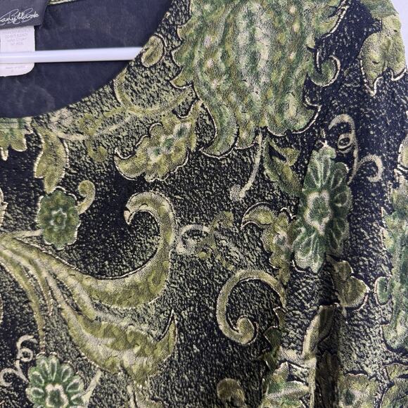 Vintage 90s Y2K Black Green Floral Top Large Metallic Textured Pullover Retro - Picture 5 of 13
